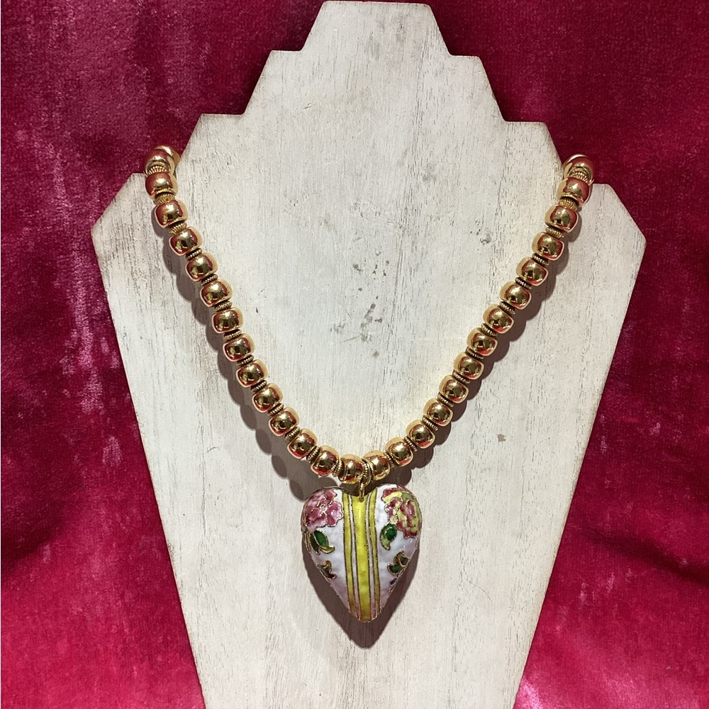Vintage TRIFARI Large Enamel Cloissione heart pendant long necklace